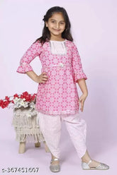 Pure cotton baby girls' Sanganeri printed kurti dhoti set, anarkali style with three-quarter sleeves, India origin